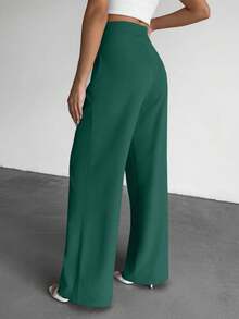 EURMUSE Fashionable & Versatile High Waist Wide Leg Solid Color Pants - Green - View 2