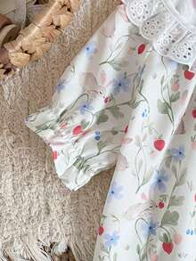 Young Girl Floral Print Ruffle Trim Puff Sleeve Top And Pants Pajama Set