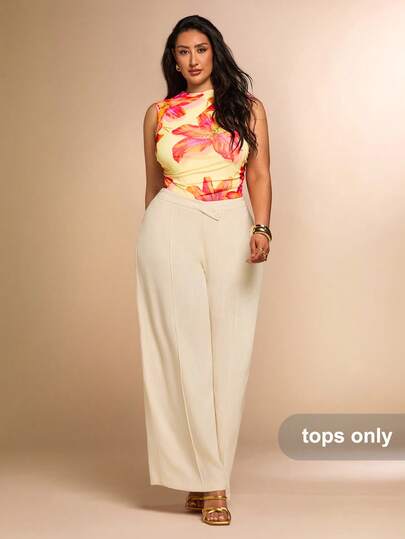 SHEIN BAE Plus Size Women's Floral Print Pleated Sleeveless Fitted Mesh See-Through Bodysuit, Elegant Resort Bodysuit,4th Of July,4th Of July Clothes,Memorial Day, Festa Junina,Graduation,Work/Office,Vacation Outfits,Summer Tops,Butter Yellow,Summer Outfits For Women,Graphic Tees Women,Vacation Outfits Women,Western Wear Women,Going Out Tops Women