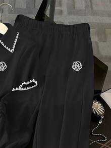 Resyla 女士花卉饰边领短袖褶皱T恤和阔腿裤休闲两件套 - 黑色 - 查看 3