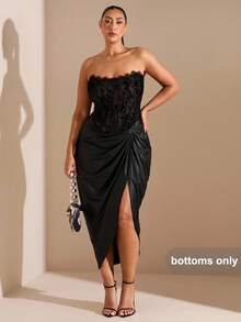 SHEIN BAE Plus Size Women's High Slit PU Ruched Skirt,Black,Winter,Elegant,Festa Chic Autumn Halloween Christmas Party Evening Wedding Guest New Fall Fashion - Black - View 2