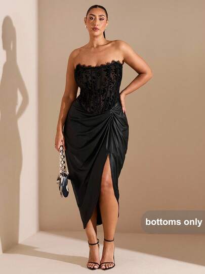 SHEIN BAE Falda de talle alto con abertura y plisado de PU para mujer de talla grande, elegante