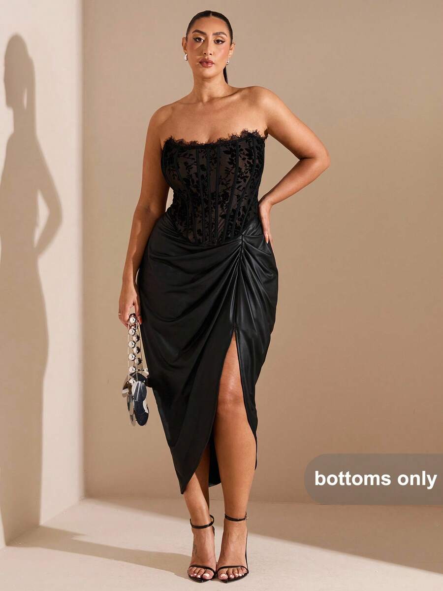 SHEIN BAE Plus Size Women's High Slit PU Ruched Skirt,Black,Winter,Elegant,Festa Chic Autumn Halloween Christmas Party Evening Wedding Guest New Fall Fashion