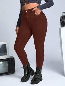 SHEIN ICON Plus Size Solid Color Slim Fit Casual Jeans With Pockets - Red - View 1