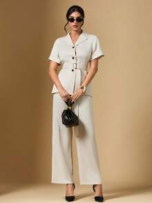 Briarwyn 女士纯色缺角领单排扣系带短袖上衣搭配阔腿裤休闲通勤套装，夏季女装，情人节女装，女士休闲套装 - 杏色 - 查看 7