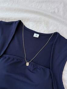 SHEIN 少女夏季纯色侧边褶皱背心 - 藏蓝色 - 查看 5