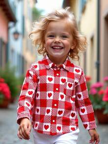 Young Boy's Casual Red Heart Plaid Long Sleeve Shirt, Back To School Boys' Basic Top, Suitable For Birthday Party, Gathering, Performance, Wedding, Baptism, Back To School, Travel, Sports, All Seasons, Valentine's Day - Red - View 7