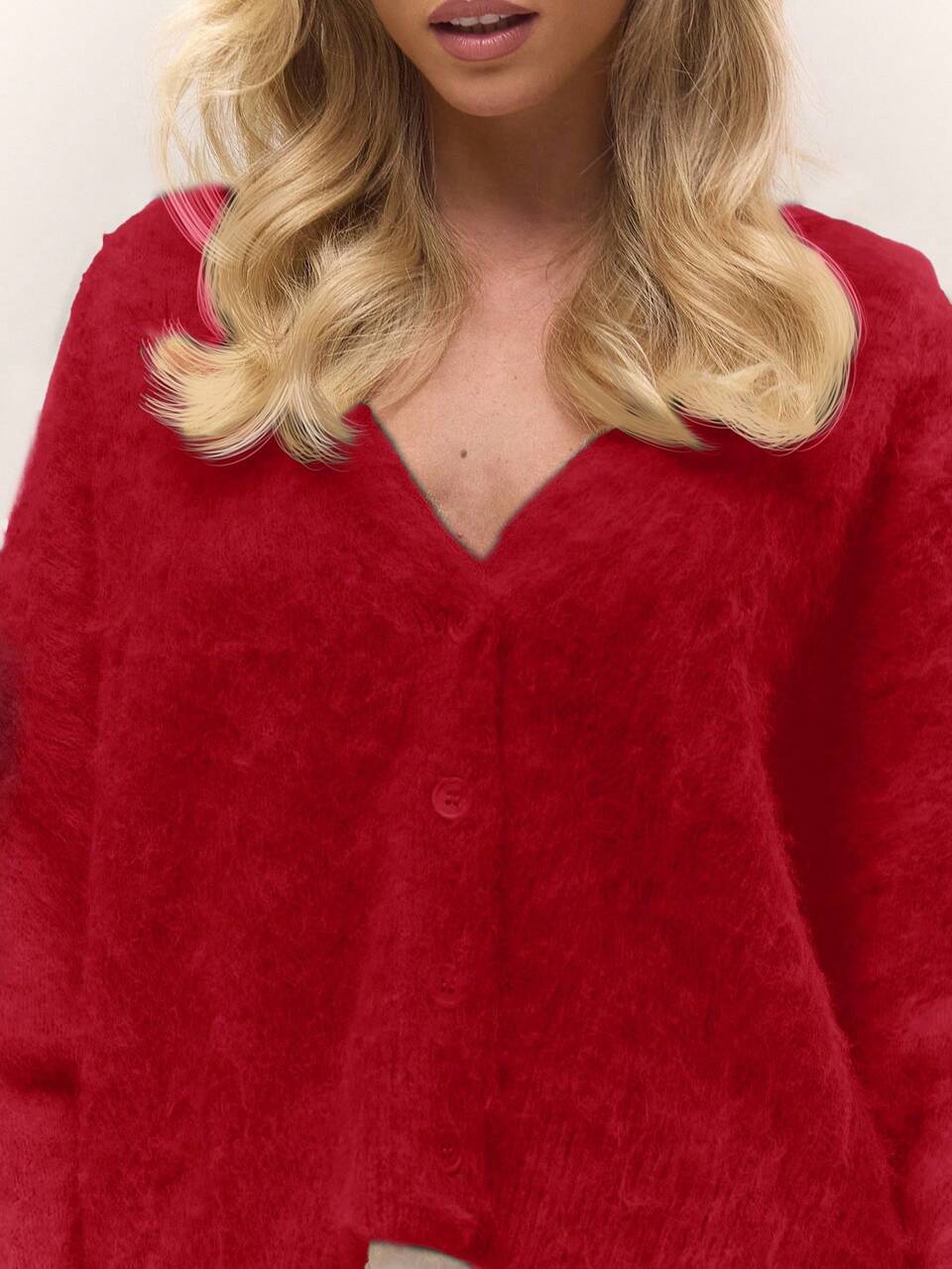 Women's Fuzzy Knit Cardigan Light Red,Autumn,Casual,Occasion Loose Relaxed V Neck Button Down Sweater Old Money Cute Cottage Core Back To School