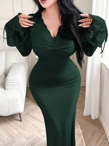 Feyla Women's Solid Color Fitted V-Neck Long Sleeve Dress With Lace Trim  Elegant Dresses For Women Lace Trim At The Neckline And Cuffs; Long-Sleeved, Dark Green Dress That Accentuates The Figure. - Dark Green - View 2