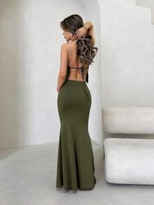 Jemour Women Sexy Solid Color Backless Halter Top And Low Waist Long Skirt 2 Pieces Set - Army Green - View 2