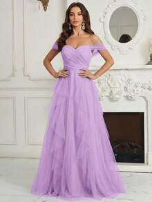 SHEIN Belle Off Shoulder, Chest Ruched, Multi-Layer Asymmetrical Ruffle Hem Bridesmaid Dress (Adult) - Lilac Purple - View 3