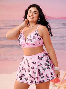 Swim Mod Plus Size Women 2pcs Swimsuit Set, Fashionable Butterfly Floral Print, Sweet & Cute Design, Suitable For Summer Vacation & Beach - Pink - View 4