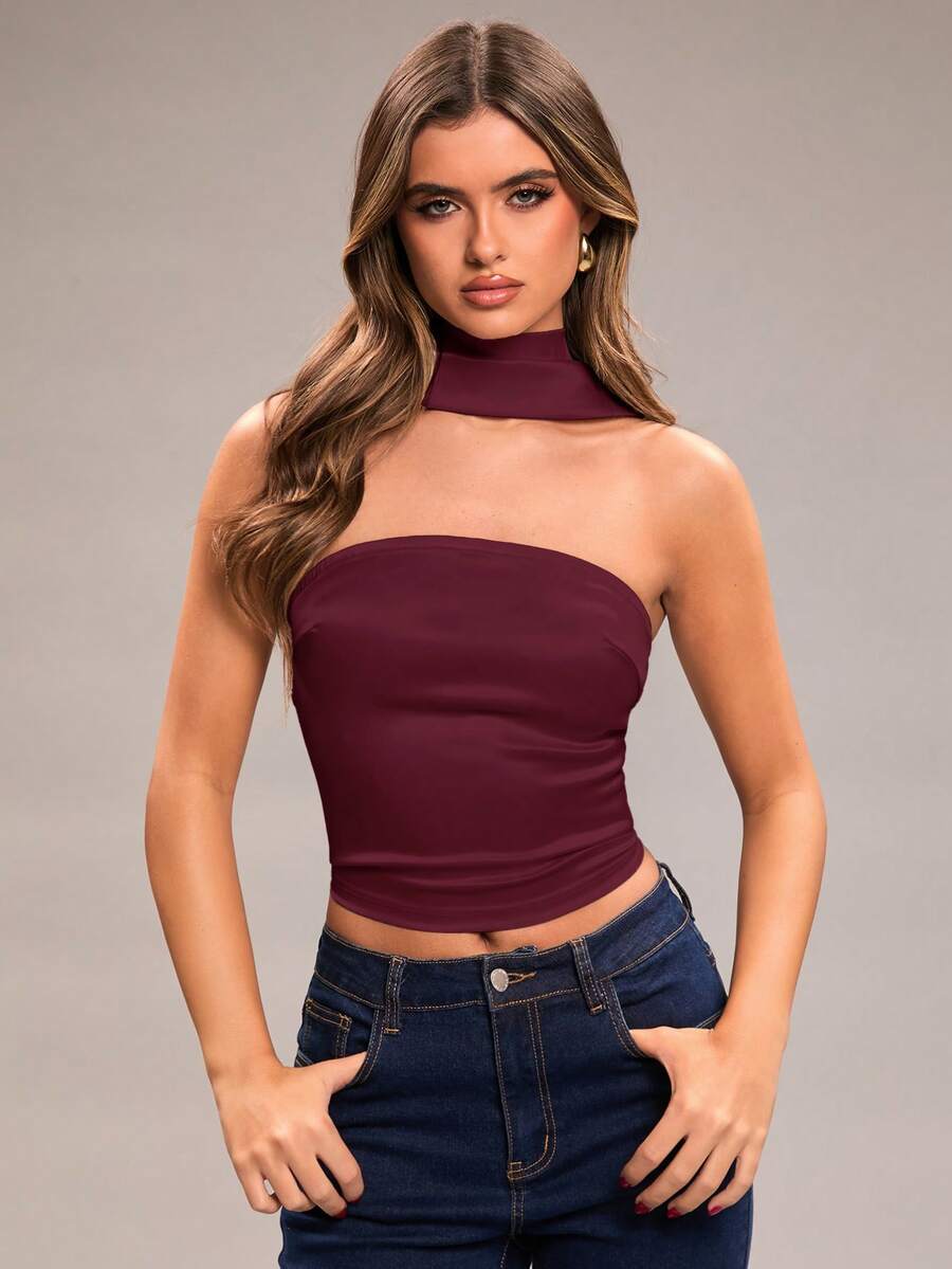 SHEIN BAE Women's Solid Color Halter Backless Tie Neck Camisole, Fashionable & Versatile For Dates, Parties - Maroon - View 1