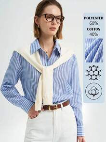 Airaco 女式条纹长袖单排扣休闲/工作衬衫 - 藍色 - 查看 1