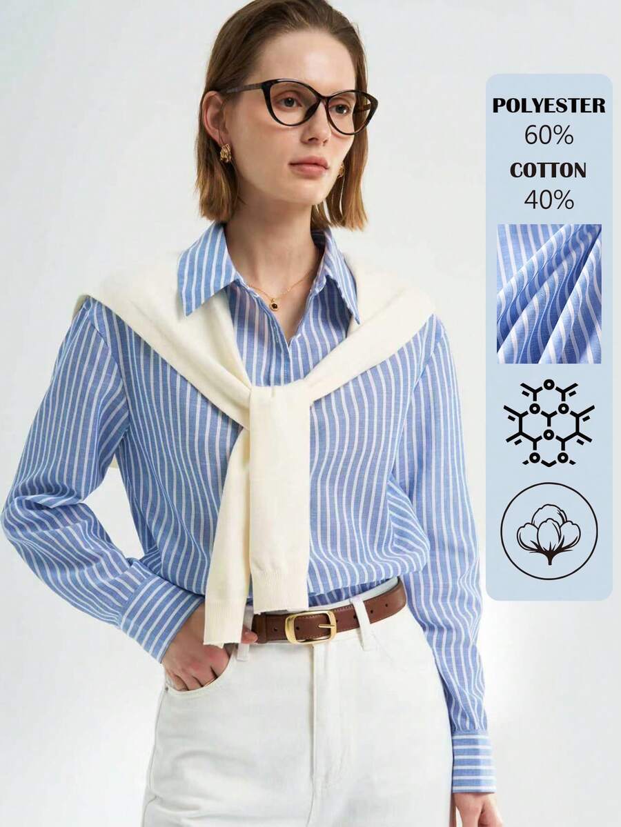 Airaco 女式条纹长袖单排扣休闲/工作衬衫 - 藍色 - 查看 1