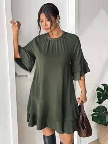 Lounesse Plus Size Women Green Ruffled Hem Dress, Versatile For Daily Wear, Dates, Vacation - Green - View 5
