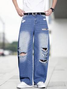 Teen Boy Oversized Loose Fit Distressed Pocket Denim Jeans, All Season - Medium Wash - View 9