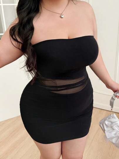 CovetEZ Plus Size Solid Color Mesh Patchwork Ruffle Fitted Mini Tube Dress, Spring/Summer