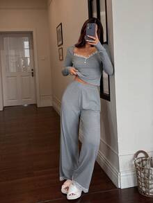 Lace Trim Gray Elegant Square Collar Knit Women Long Sleeve Pajama Set