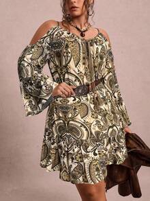 Freevana Plus Size Cold-Shoulder Spaghetti Strap Flare Sleeve Vintage Dress - Apricot - View 1