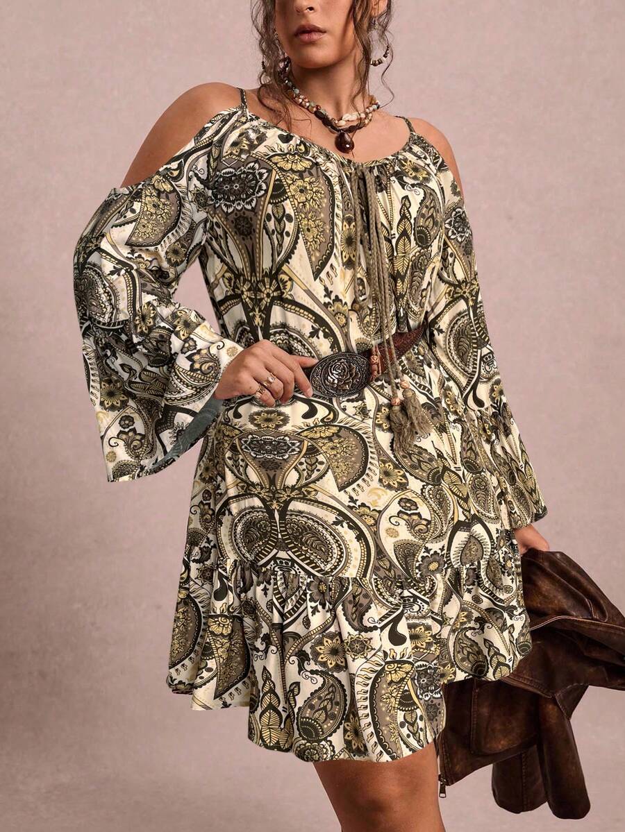 Freevana Plus Size Cold-Shoulder Spaghetti Strap Flare Sleeve Vintage Dress - Apricot - View 1