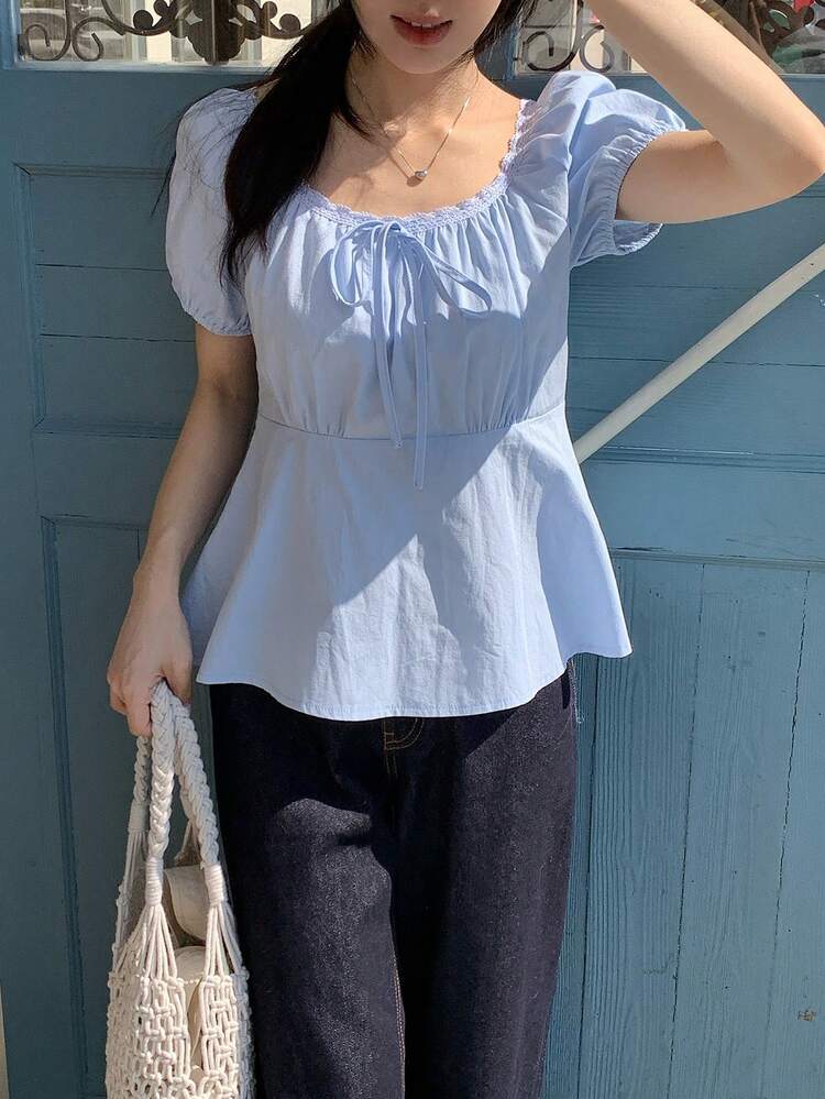 Women's Lace Bow Lace Refreshing Sweet Puff Sleeve Blouse Spring