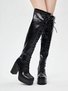 ROMWE Goth Women's Fashion Lace-Up Waterproof Platform Thick High Heel Over-The-Knee Boots Valentine's Day - Black - View 1