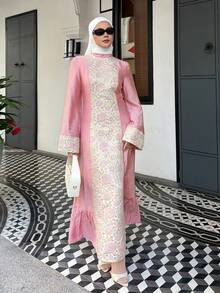 DAZY Women's Floral Jacquard Patchwork Long Sleeve Elegant Dress Sundress - Pink - View 3