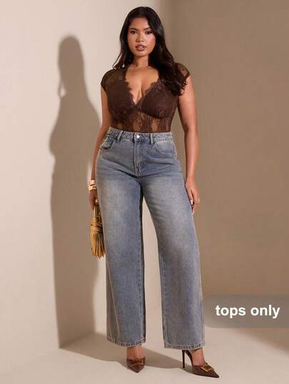 SHEIN BAE Body de encaje sexy de cuello en V para mujer talla grande en color marrón