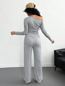 Sparklyn 纯色不对称领口上衣和裤子少女T恤套装 - 灰色 - 查看 2