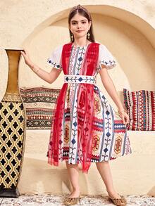 少女拼接撞色网纱休闲连衣裙 - 紅色 - 查看 5