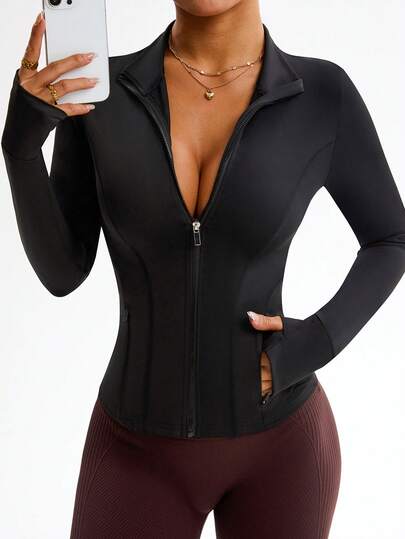 Dewbera Dam enfärgad långärmad sportjacka med dragkedja och framficka