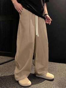Claim Dot 男士宽松直筒休闲裤，亚麻松紧腰长裤 - 駝色 - 查看 3