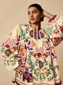 Travachic Plus Size Women Tropical & Pattern Long Sleeve Crew Neck Tie Front Blouse Fall - Apricot - View 1
