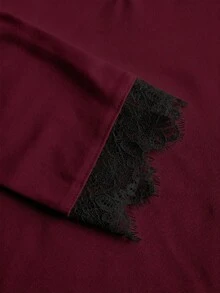 Tseoso Casual Deep V-Neck Lace Trim Fitted Long Sleeve T-Shirt, Suitable For Autumn/Winter Red - Burgundy - View 7