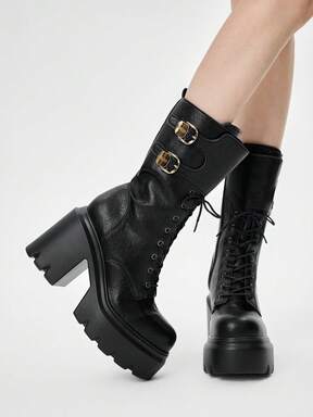 Grunge Punk Solid Color Thick Sole Lace-Up Casual Fashion Ankle Boots