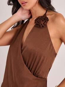 Enchnt Spring/Summer Romantic Women's Brown 3D Rose Backless Layered Draped Neck Mermaid Maxi Dress,Sweet&Elegant For Vacation&Date&Holiday&Going Out&Valentine's Day,Spring Outfit Women - Mocha Brown - View 2