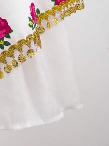 Girls' Middle Eastern Style Dress, Rose Ditsy Floral, V-Neck, Puff Sleeves, Mesh Patchwork, Gold Sequins, Asymmetric Ruffle Hem - White - View 3