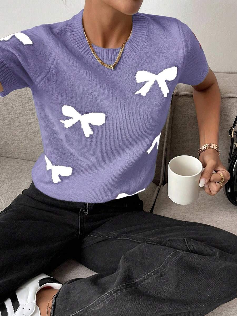 SHEIN Cottnline Women's Colorblock Bow Knit Short Sleeve Top - Lilac Purple - View 1