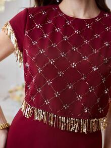 Al Najma Elegant Rhinestone Embellished Women's Arabic Style Dress - Burgundy - View 2