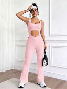 Sovereign Charm Yoga U-Neck Racerback Hollow Out Fitted Jumpsuit - White - View 4