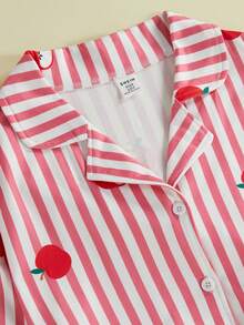 少女条纹苹果领开衫和裤子睡衣套装，条纹睡衣套装，纽扣睡衣套装，两件套睡衣套装 - 粉色 - 查看 7