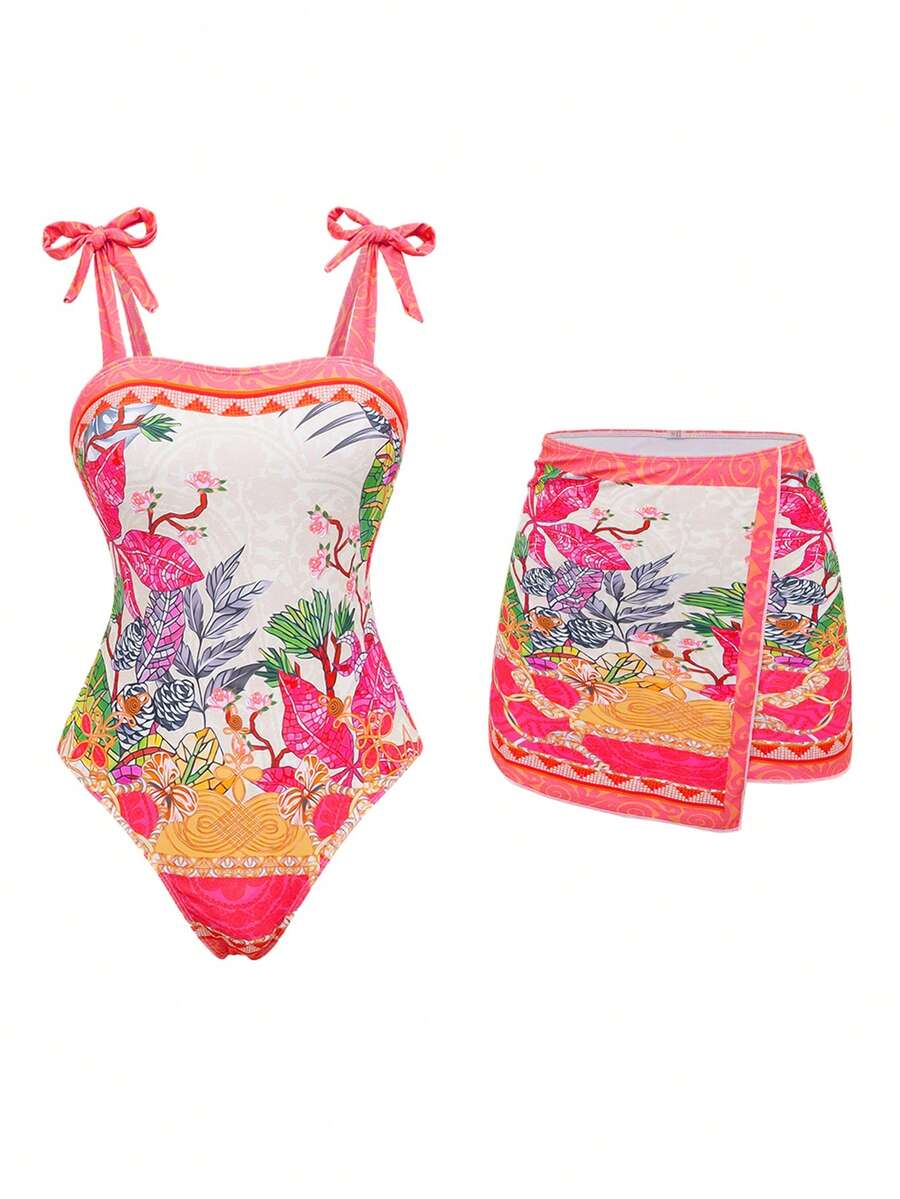 Swim Oasis 1 pieza Traje de baño de mujer con tirantes anudados y estampado de moda + Minifalda a juego con bajo irregular, Primavera/Verano - Multicolor - Ver 1