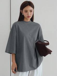 DAZY Áo thun ngắn tay màu xám dáng rộng, phong cách công sở thường ngày, thời trang dành cho nữ, thích hợp cho mùa xuân/hè. - Màu xám đen - Xem 2