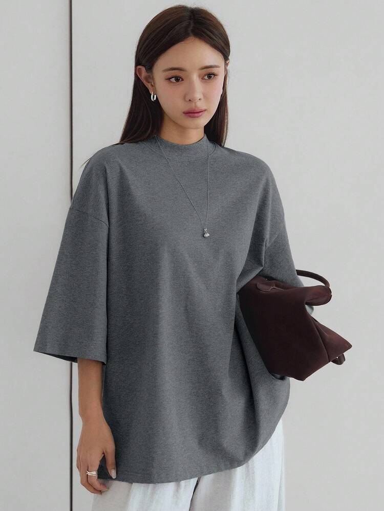 Grey Loose Casual Business Style Fashion Office Wear Short Sleeve T-Shirt For Women, Spring/Summer