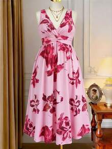 Rometta 加大码黑色V领腰部褶皱针织连衣裙 - 粉色 - 查看 1