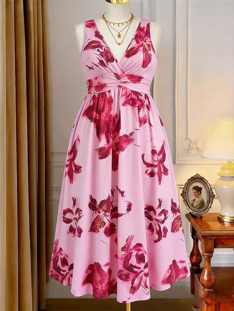 Rometta 加大码黑色V领腰部褶皱针织连衣裙 - 粉色 - 查看 1