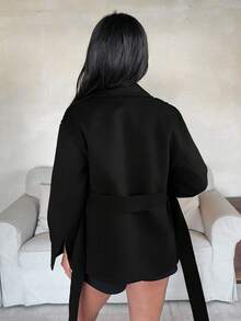 Aloruh Women's Solid Color Lapel NeckLong Sleeve Casual Overcoat, Autumn/Winter - Black - View 2