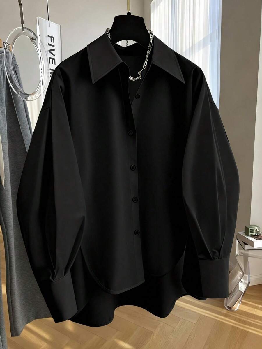 SHEIN Clasi 女士纯色休闲宽松长袖衬衫，适合日常休闲、通勤和办公穿着 - 黑色 - 查看 1