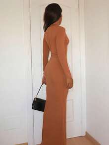 Yess Loren 女式深 V 领长袖超长紧身连衣裙，性感又时尚 - 棕色 - 查看 5